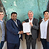 First MoU signed between TH Rosenheim and RV College of Engineering. From left to right: Prof. Martin Versen (Dean at Faculty of Engineering), Dr. Nataraj J.R, (Associate Professor at RV College of Engineering), Prof. Heinrich Köster (President of TH Rosenheim), Ms. Olga Schloss (Consultant Universities, BayIND)